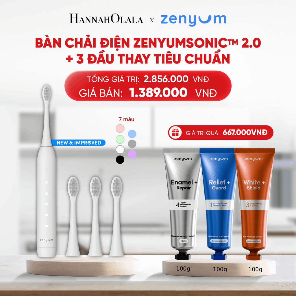  B109_DEAL 5: BỘ BÀN CHẢI ĐIỆN ZENYUM SONIC 2.0 + 3 ĐẦU THAY TIÊU CHUẨN 