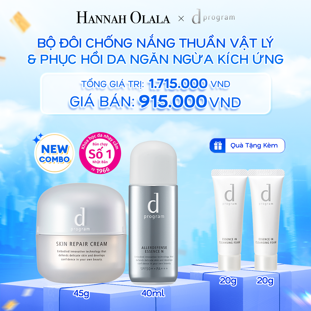  A32: DEAL 16: COMBO KEM DƯỠNG PHỤC HỒI DA D PROGRAM SKIN REPAIR CREAM 45G + KEM CHỐNG NẮNG BẢO VỆ DA KHỎI BỤI MỊN VÀ Ô NHIỄM MÔI TRƯỜNG DẠNG TINH CHẤT DPROGRAM ALLERDEFENSE ESSENCE 40ML,SPF 46, PA+++ 
