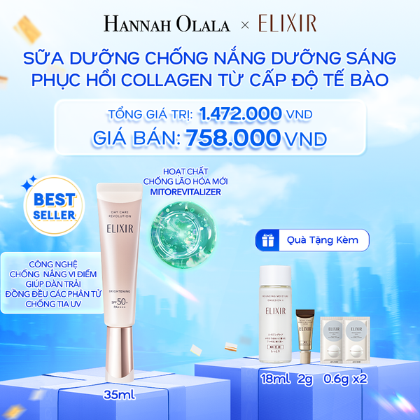  A51: DEAL 17: SỮA CHỐNG NẮNG DƯỠNG SÁNG PHỤC HỒI COLLAGEN TỪ CẤP ĐỘ TẾ BÀO ELIXIR DAY CARE REVOLUTION SPF50+ 35ML 