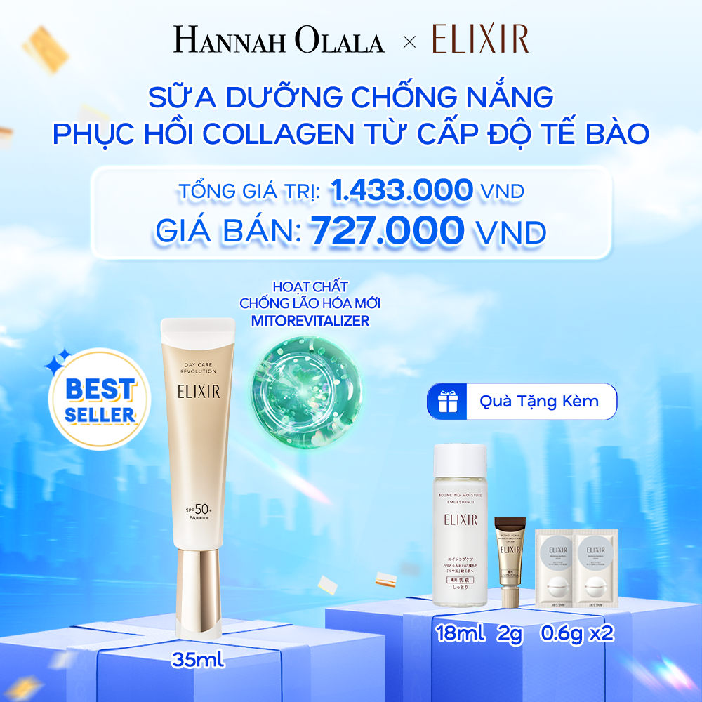  A49: DEAL 15: SỮA CHỐNG NẮNG PHỤC HỒI COLLAGEN TỪ CẤP ĐỘ TẾ BÀO ELIXIR DAY CARE REVOLUTION SPF50+ 35ML 