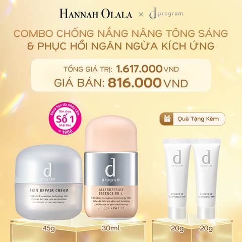  DEAL 15: COMBO KEM DƯỠNG PHỤC HỒI DA D PROGRAM SKIN REPAIR CREAM 45G + KEM CHỐNG NẮNG TRANG ĐIỂM DẠNG TINH CHẤT DÀNH CHO DA NHẠY CẢM DPROGRAM ALLERDEFENSE ESSENCE BB TÔNG SÁNG 40ML, SPF43, PA+++ 