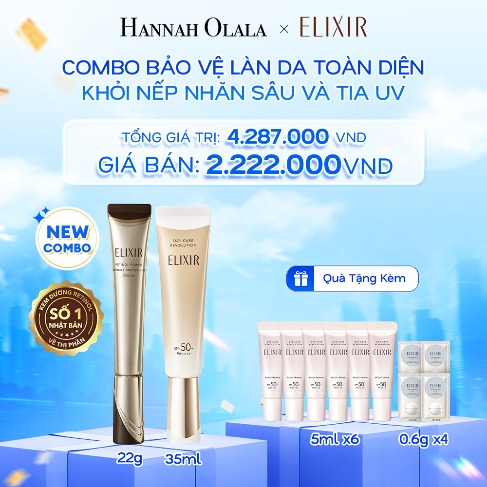  A69: DEAL 9: COMBO SỮA CHỐNG NẮNG PHỤC HỒI COLLAGEN ELIXIR DAY CARE REVOLUTION 35ML VÀ KEM DƯỠNG DA CẢI THIỆN NẾP NHĂN VƯỢT TRỘI ELIXIR RETINOL POWER WRINKLE SMOOTHING CREAM 22G 