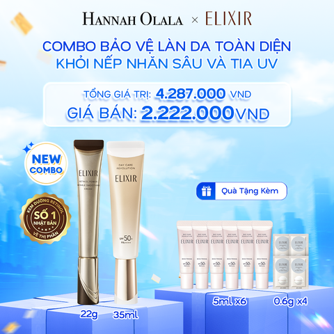  A69: DEAL 9: COMBO SỮA CHỐNG NẮNG PHỤC HỒI COLLAGEN ELIXIR DAY CARE REVOLUTION 35ML VÀ KEM DƯỠNG DA CẢI THIỆN NẾP NHĂN VƯỢT TRỘI ELIXIR RETINOL POWER WRINKLE SMOOTHING CREAM 22G 