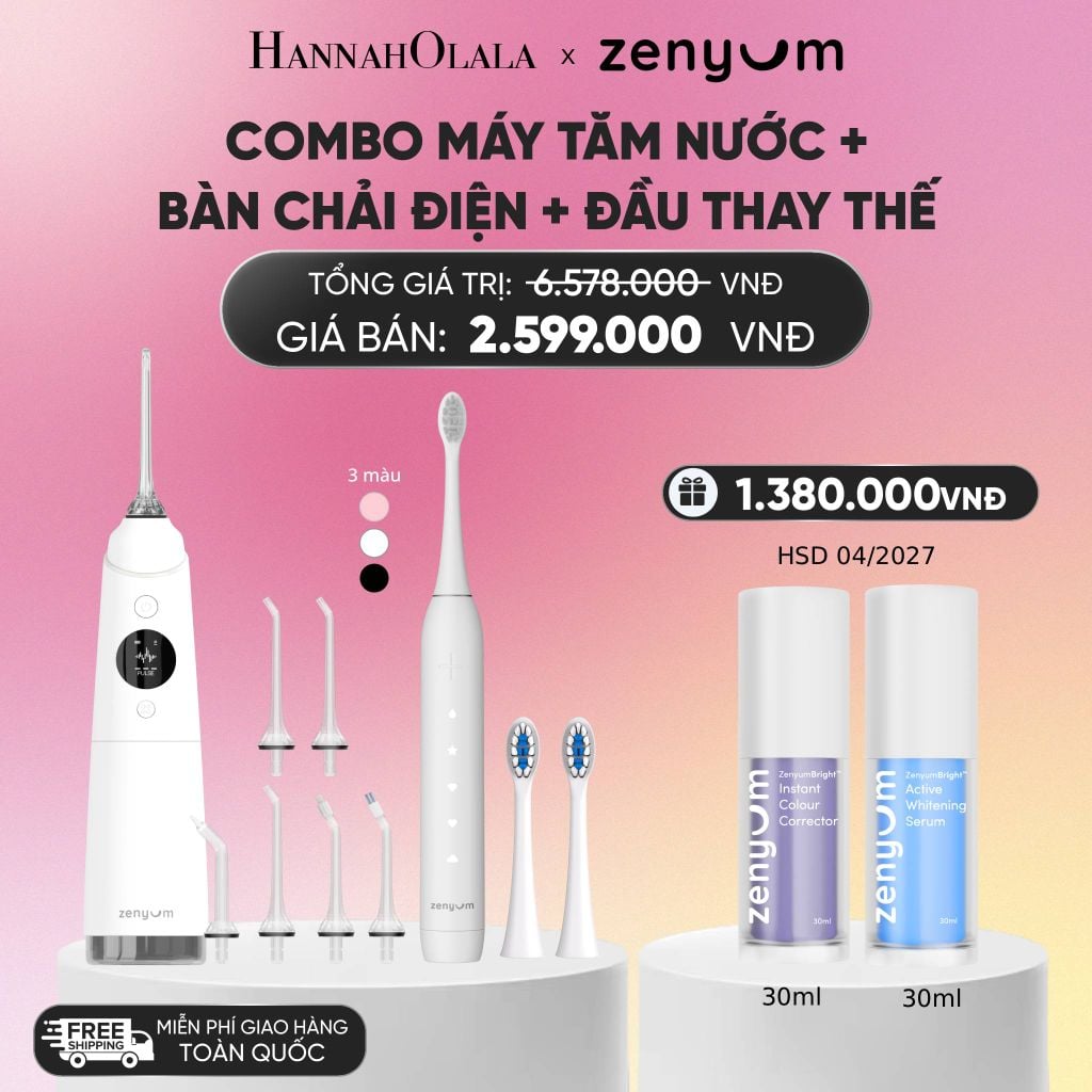  COMBO MÁY TĂM NƯỚC ZENYUM PRO + 6 ĐẦU THAY+ BÀN CHẢI ĐIỆN ZENYUM SONIC 2.0 + 2 ĐẦU THAY ÊM DỊU_A28 