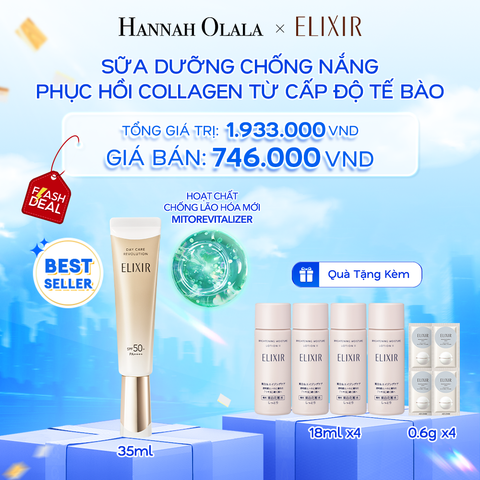  A46: DEAL 12: SỮA CHỐNG NẮNG PHỤC HỒI COLLAGEN TỪ CẤP ĐỘ TẾ BÀO ELIXIR DAY CARE REVOLUTION SPF50+ 35ML 