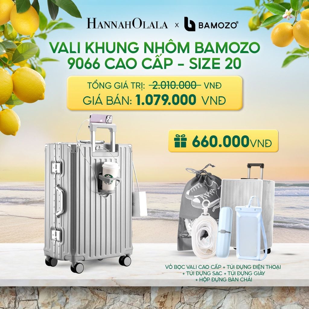  VALI BAMOZO KHUNG NHÔM 9066 BẢN CAO CẤP (TẶNG BỌC VALI CC TRONG SUỐT + HỘP ĐỰNG BÀN CHẢI + TÚI ĐỰNG GIÀY XÁM - DEAL 2 