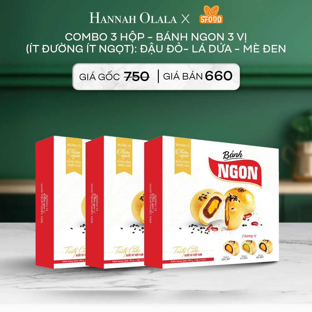  DEAL 1: COMBO 3 HỘP - BÁNH NGON 3 VỊ (ÍT ĐƯỜNG ÍT NGỌT): ĐẬU ĐỎ- LÁ DỨA - MÈ ĐEN 