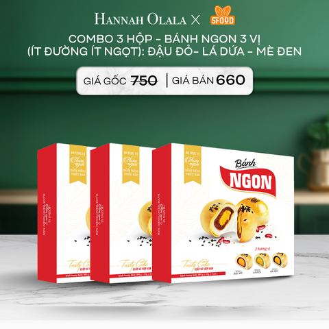  DEAL 1: COMBO 3 HỘP - BÁNH NGON 3 VỊ (ÍT ĐƯỜNG ÍT NGỌT): ĐẬU ĐỎ- LÁ DỨA - MÈ ĐEN 