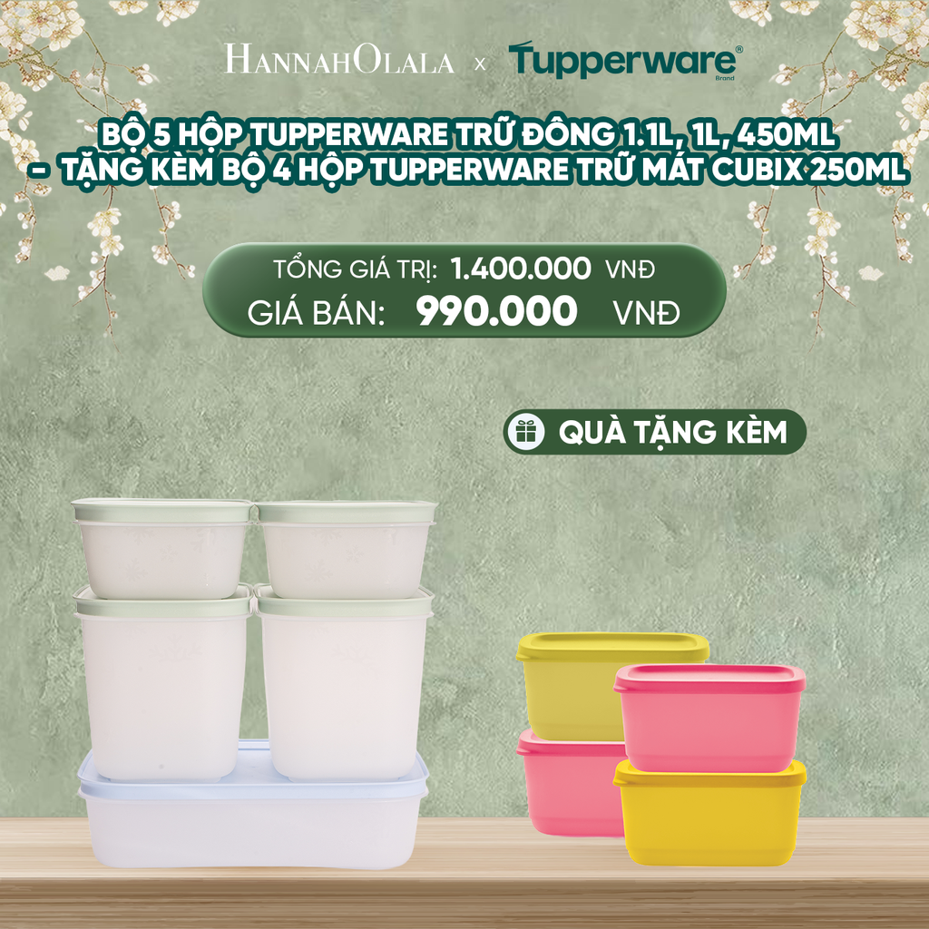  DEAL 1: BỘ 5 HỘP TUPPERWARE TRỮ ĐÔNG 1.1L, 1L, 450ML - TẶNG KÈM BỘ 4 HỘP TUPPERWARE TRỮ MÁT CUBIX 250ML 