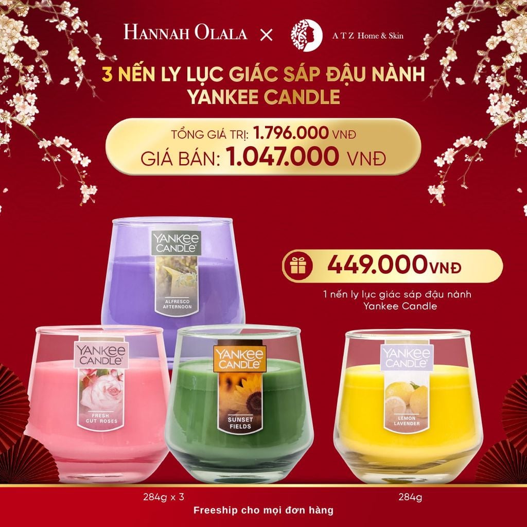  A209_DEAL 10: MUA 3 NẾN LY LỤC GIÁC SÁP ĐẬU NÀNH YANKEE CANDLE 284G 