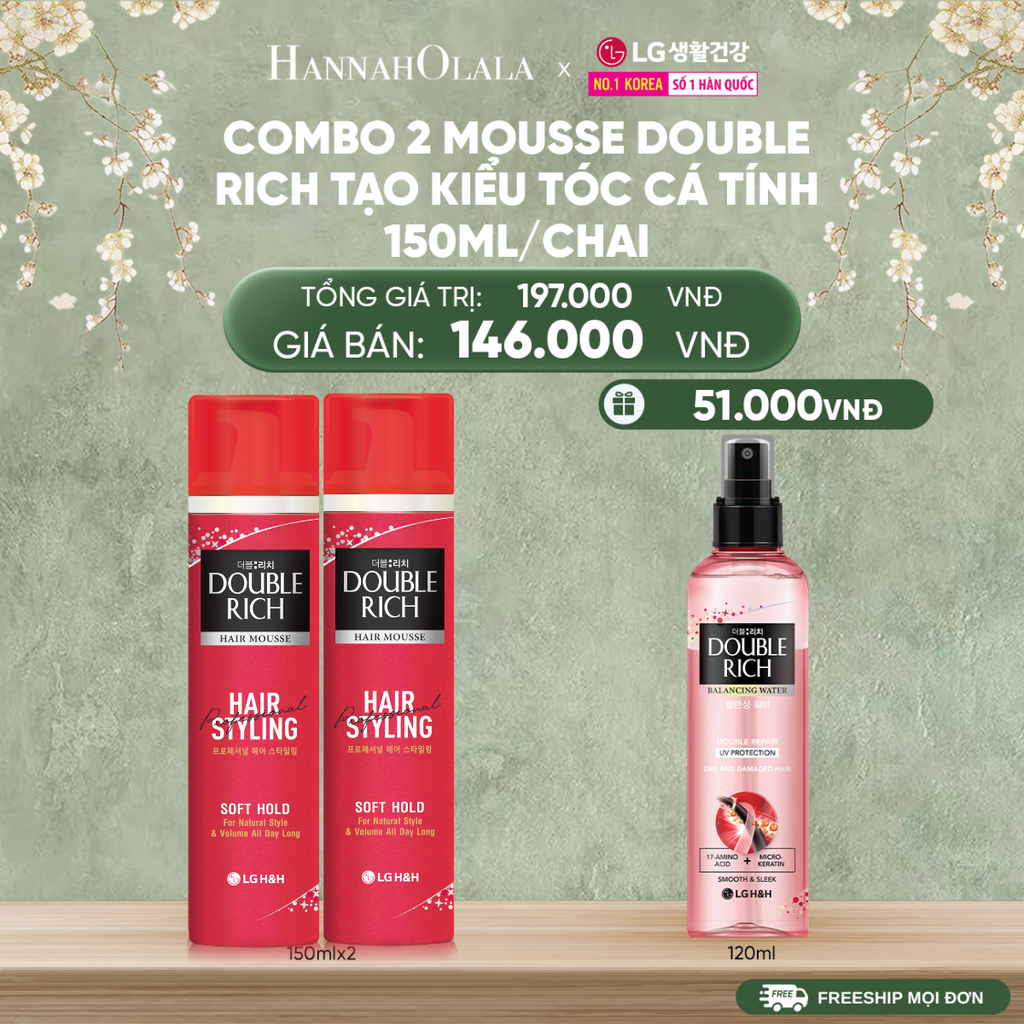  DEAL 23_A: COMBO 2 MOUSSE TẠO KIỂU TÓC DOUBLE RICH SOFT HOLD BỒNG BỀNH TỰ NHIÊN 150ML 