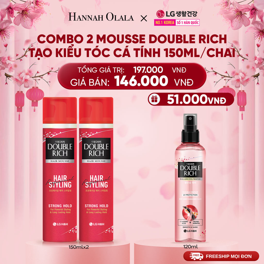  A1461_DEAL 23: COMBO 2 MOUSSE TẠO KIỂU TÓC DOUBLE RICH SOFT HOLD BỒNG BỀNH TỰ NHIÊN 150ML 