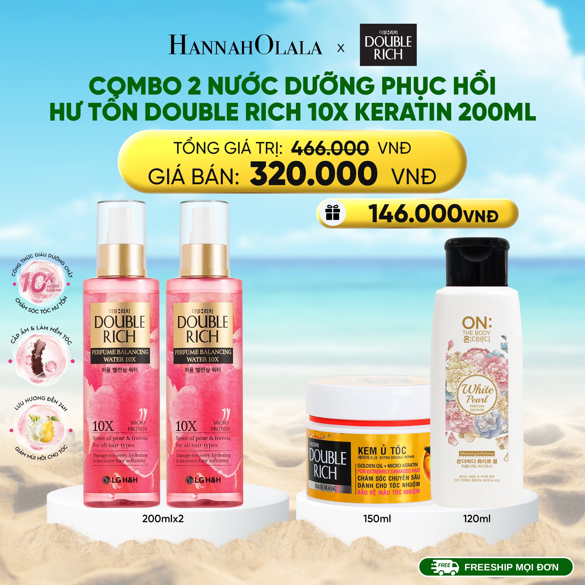 Combo Nước Dưỡng Phục Hồi Hư Tổn Double Rich 10X Keratin 200ml