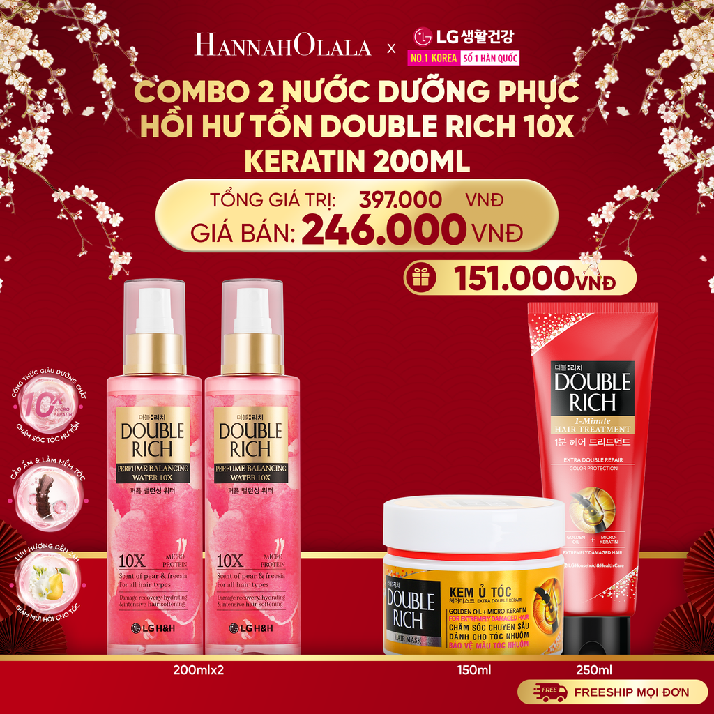  A1361_DEAL 26: COMBO 2 NƯỚC DƯỠNG PHỤC HỒI HƯ TỔN DOUBLE RICH 10X KERATIN 200ML 