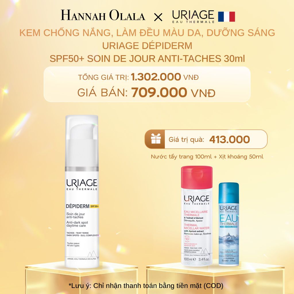  C722_DEAL 6: KEM CHỐNG NẮNG, LÀM ĐỀU MÀU DA, DƯỠNG SÁNG URIAGE DÉPIDERM SPF50+ SOIN DE JOUR ANTI-TACHES 30ml 