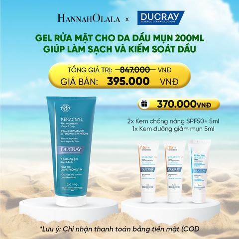  DEAL 2: GEL RỬA MẶT CHO DA DẦU MỤN DUCRAY KERACNYL FOAMING GEL 200ML GIÚP LÀM SẠCH VÀ KIỂM SOÁT DẦU 