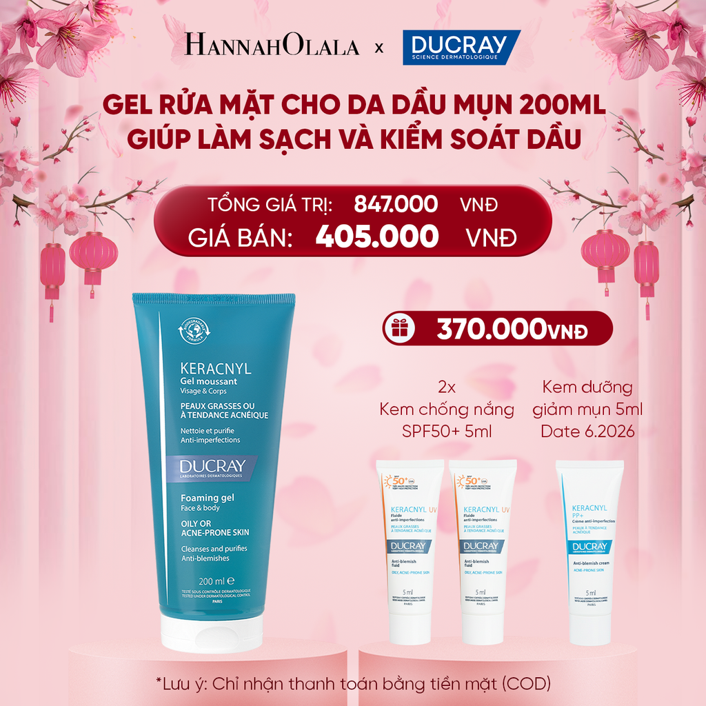  DEAL 3: GEL RỬA MẶT CHO DA DẦU MỤN DUCRAY KERACNYL FOAMING GEL 200ML GIÚP LÀM SẠCH VÀ KIỂM SOÁT DẦU 