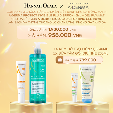  C840_DEAL 8: COMBO KEM CHỐNG NẮNG CHUYÊN BIỆT DÀNH CHO DA MỎNG MANH A-DERMA PROTECT INVISIBLE FLUID SPF50+ 40ML + GEL RỬA MẶT CHO DA DẦU MỤN A-DERMA BIOLOGY AC FOAMING GEL 400ML LÀM SẠCH VÀ THÔNG THOÁNG LỖ CHÂN LÔNG, KHÔNG GÂY KHÔ DA 