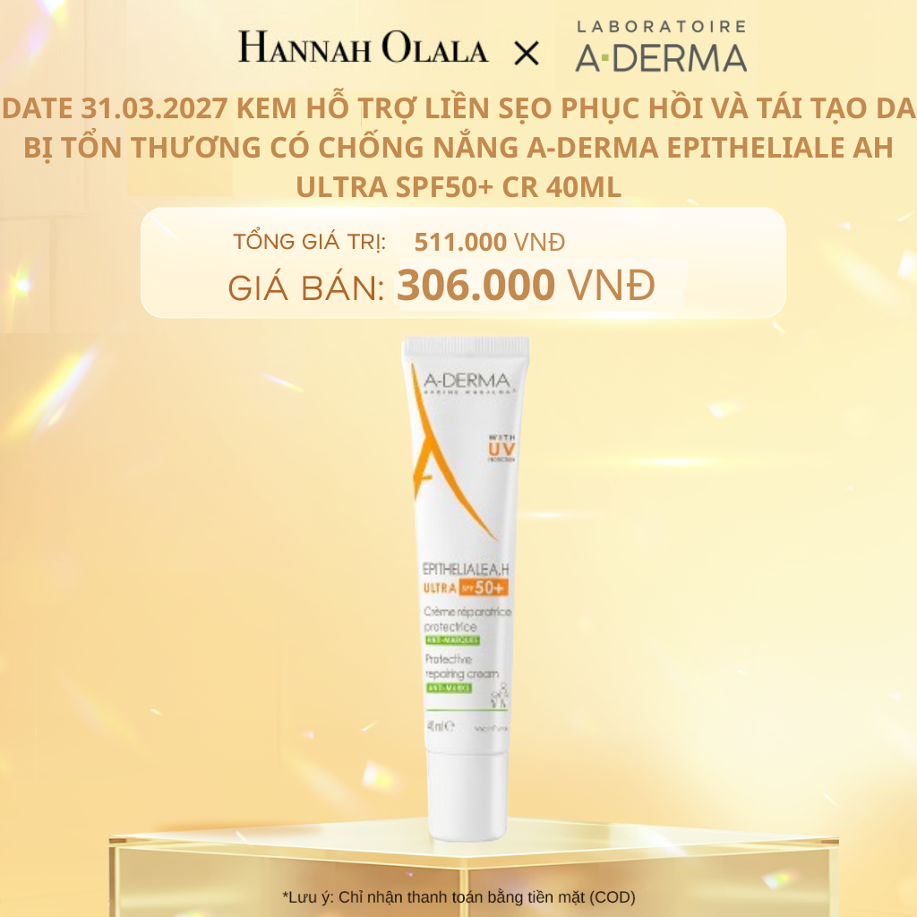  DEAL 4: KEM HỖ TRỢ LIỀN SẸO PHỤC HỒI VÀ TÁI TẠO DA BỊ TỔN THƯƠNG CÓ CHỐNG NẮNG A-DERMA EPITHELIALE AH ULTRA SPF50+ CR 40ML[ DATE 31.03.2027] 