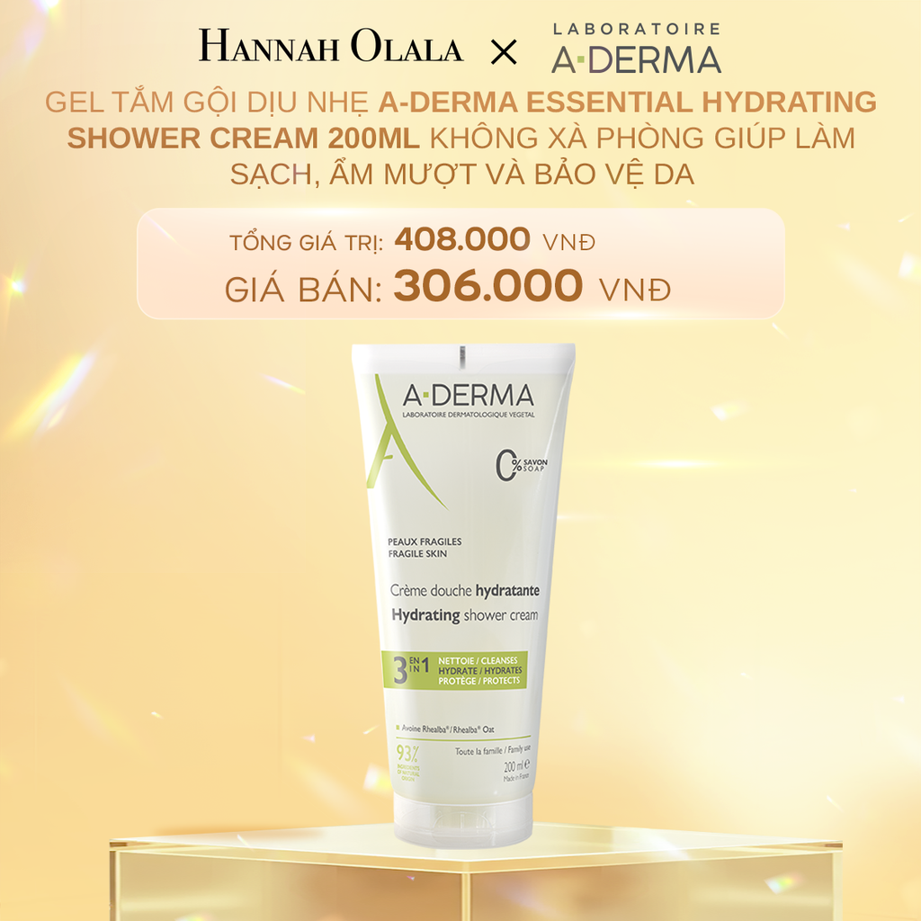  C835_DEAL 3: GEL TẮM GỘI DỊU NHẸ A-DERMA ESSENTIAL HYDRATING SHOWER CREAM 200ML KHÔNG XÀ PHÒNG GIÚP LÀM SẠCH, ẨM MƯỢT VÀ BẢO VỆ DA 