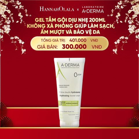  A1710_DEAL 2: GEL TẮM GỘI DỊU NHẸ A-DERMA ESSENTIAL HYDRATING SHOWER CREAM 200ML KHÔNG XÀ PHÒNG GIÚP LÀM SẠCH, ẨM MƯỢT VÀ BẢO VỆ DA 