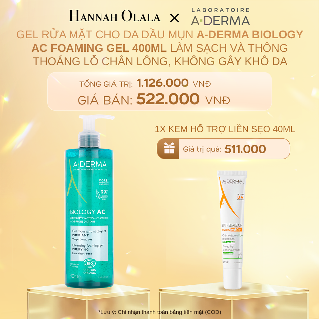  C836_DEAL 4: GEL RỬA MẶT CHO DA DẦU MỤN A-DERMA BIOLOGY AC FOAMING GEL 400ML LÀM SẠCH VÀ THÔNG THOÁNG LỖ CHÂN LÔNG, KHÔNG GÂY KHÔ DA 