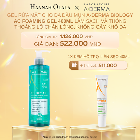  C836_DEAL 4: GEL RỬA MẶT CHO DA DẦU MỤN A-DERMA BIOLOGY AC FOAMING GEL 400ML LÀM SẠCH VÀ THÔNG THOÁNG LỖ CHÂN LÔNG, KHÔNG GÂY KHÔ DA 