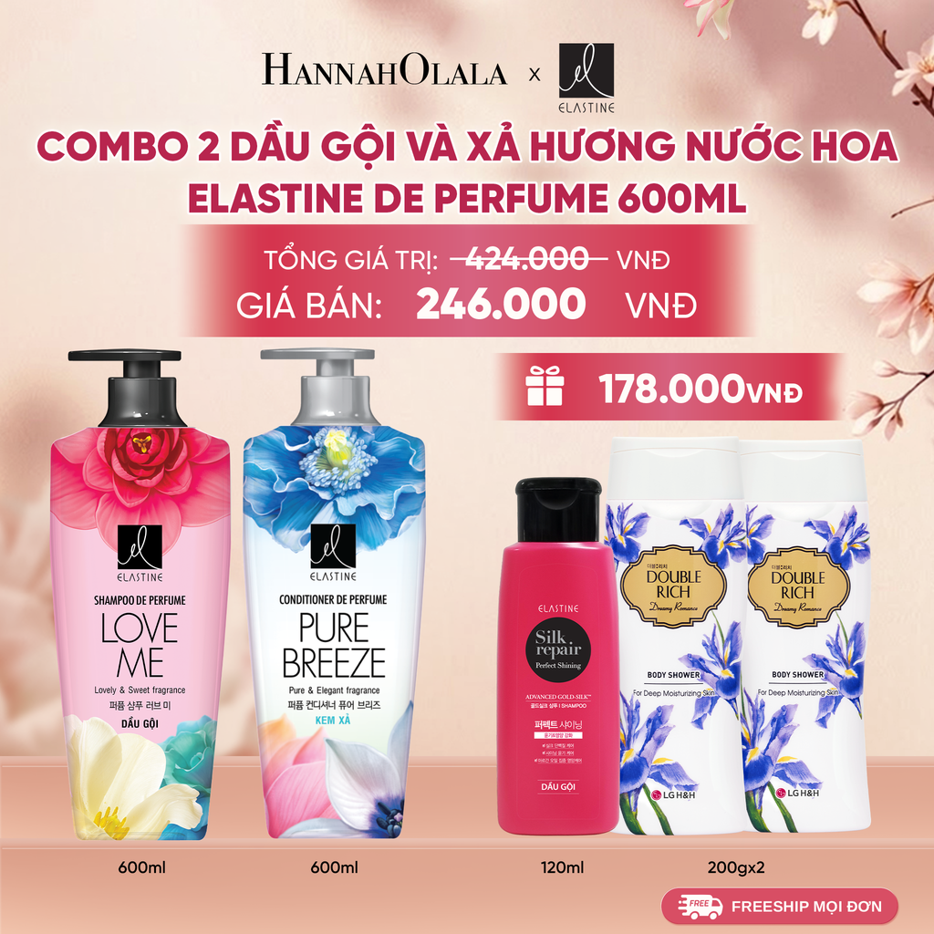  COMBO 02 DẦU GỘI & XẢ ELASTINE DE PERFUME HƯƠNG NƯỚC HOA 600ML 
