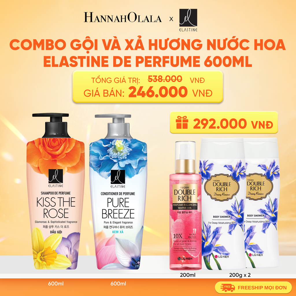  COMBO 02 DẦU GỘI & XẢ ELASTINE DE PERFUME HƯƠNG NƯỚC HOA 600ML 