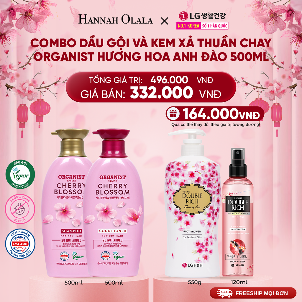  DEAL 37: COMBO DẦU GỘI VÀ KEM XẢ THUÀN CHAY ORGANIST HƯƠNG HOA ANH ĐÀO 500ML 