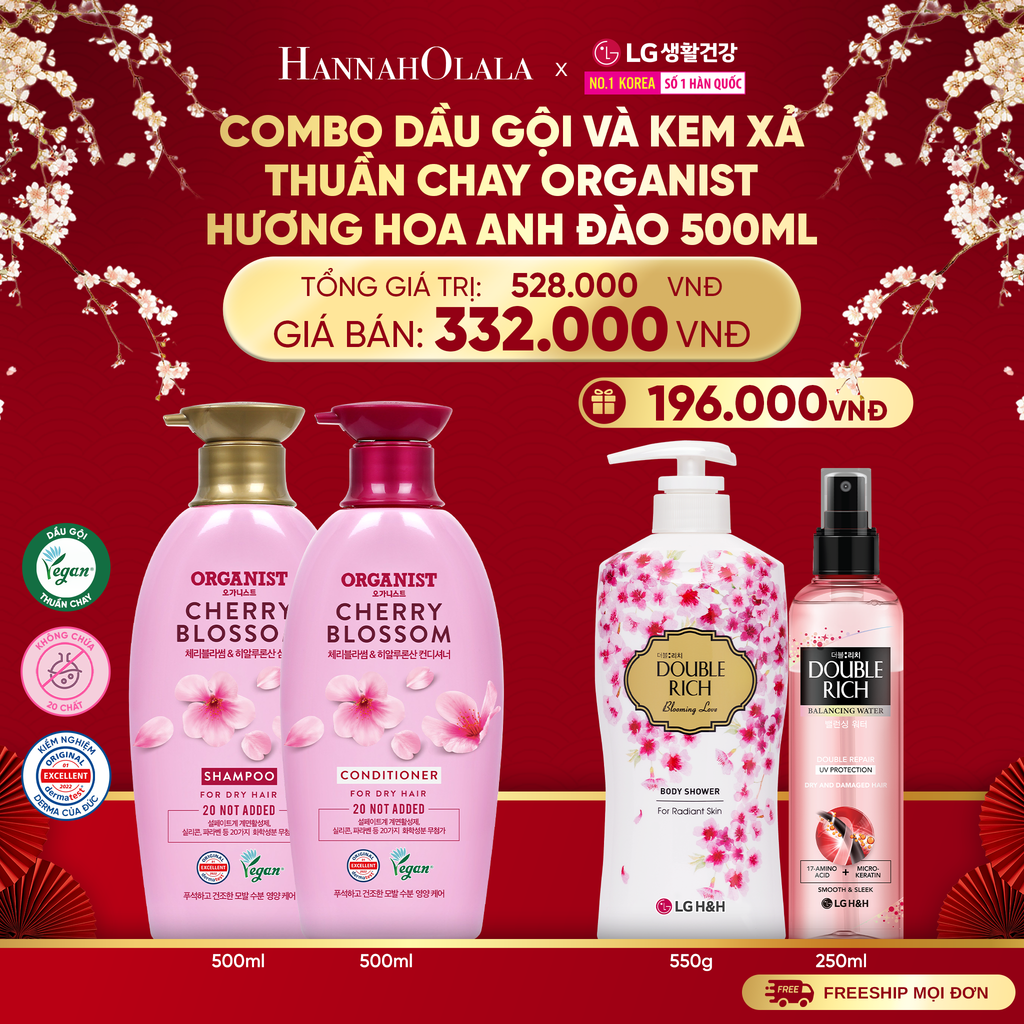  A1383_DEAL 37: COMBO DẦU GỘI VÀ KEM XẢ THUẦN CHAY ORGANIST HƯƠNG HOA ANH ĐÀO 500ML 