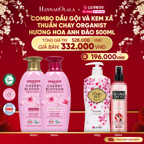  A1383_DEAL 37: COMBO DẦU GỘI VÀ KEM XẢ THUẦN CHAY ORGANIST HƯƠNG HOA ANH ĐÀO 500ML 