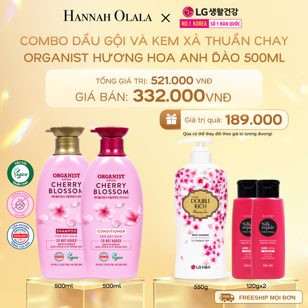  DEAL 13: COMBO DẦU GỘI VÀ KEM XẢ THUÀN CHAY ORGANIST HƯƠNG HOA ANH ĐÀO 500ML 