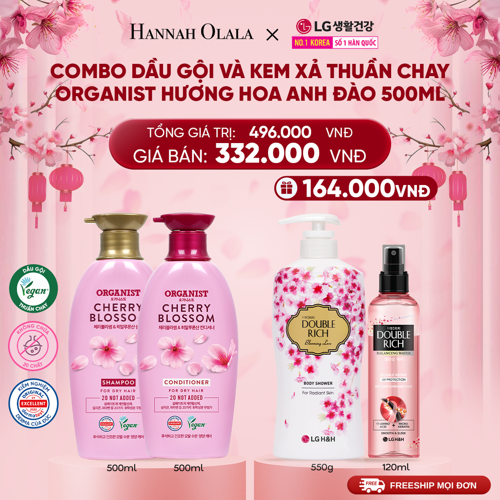  A832_DEAL 37: COMBO DẦU GỘI VÀ KEM XẢ THUÀN CHAY ORGANIST HƯƠNG HOA ANH ĐÀO 500ML 