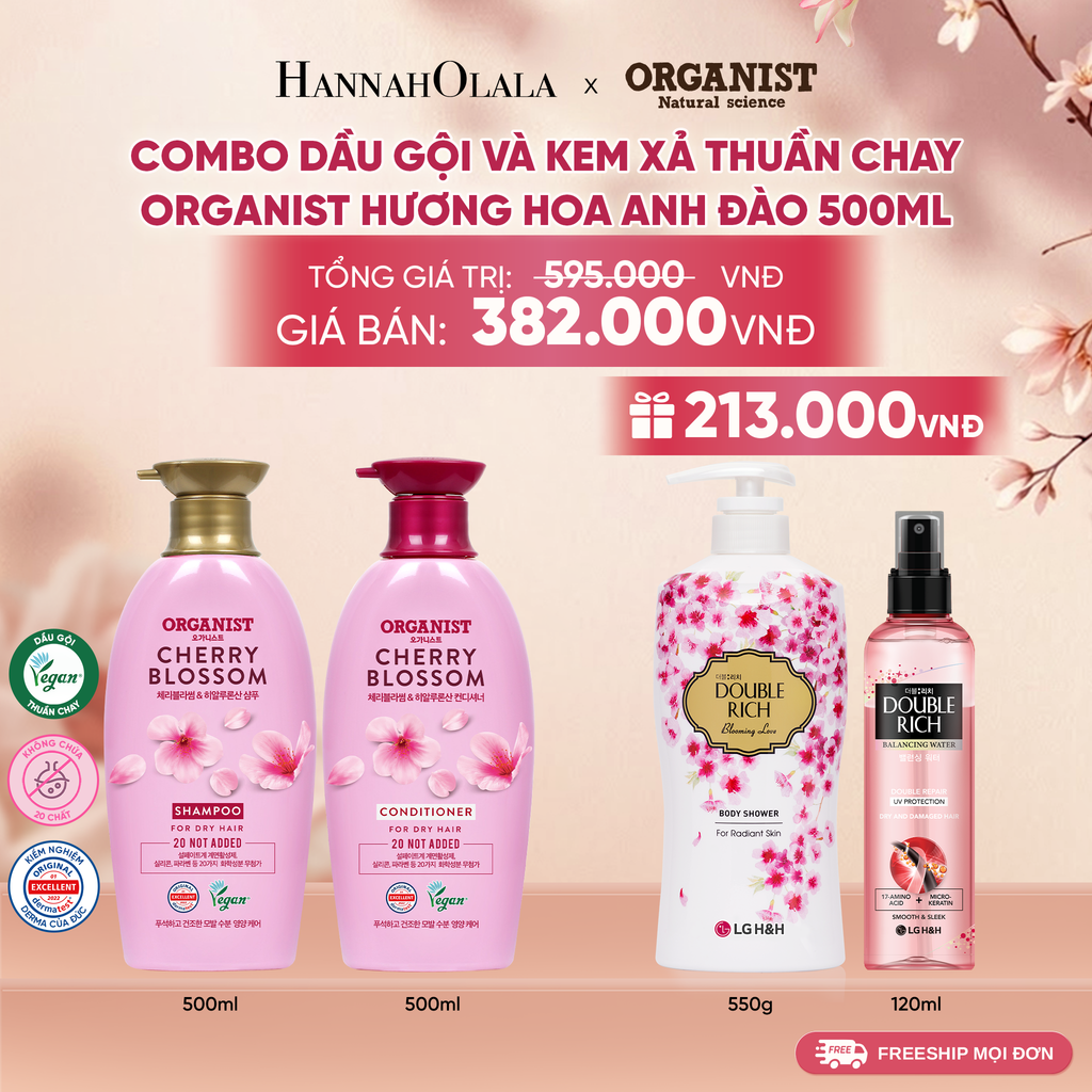  COMBO DẦU GỘI VÀ KEM XẢ THUÀN CHAY ORGANIST HƯƠNG HOA ANH ĐÀO 500ML 