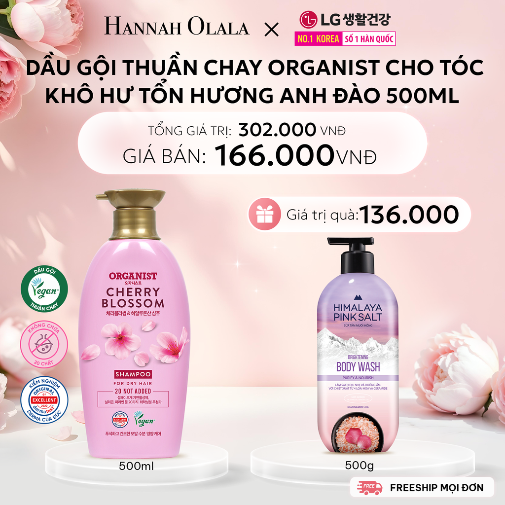  E1032: DEAL 10: DẦU GỘI DƯỠNG TÓC ORGANIST THUẦN CHAY CHO TÓC KHÔ HƯƠNG HOA ANH ĐÀO CHERRY BLOSSOM 550ML 