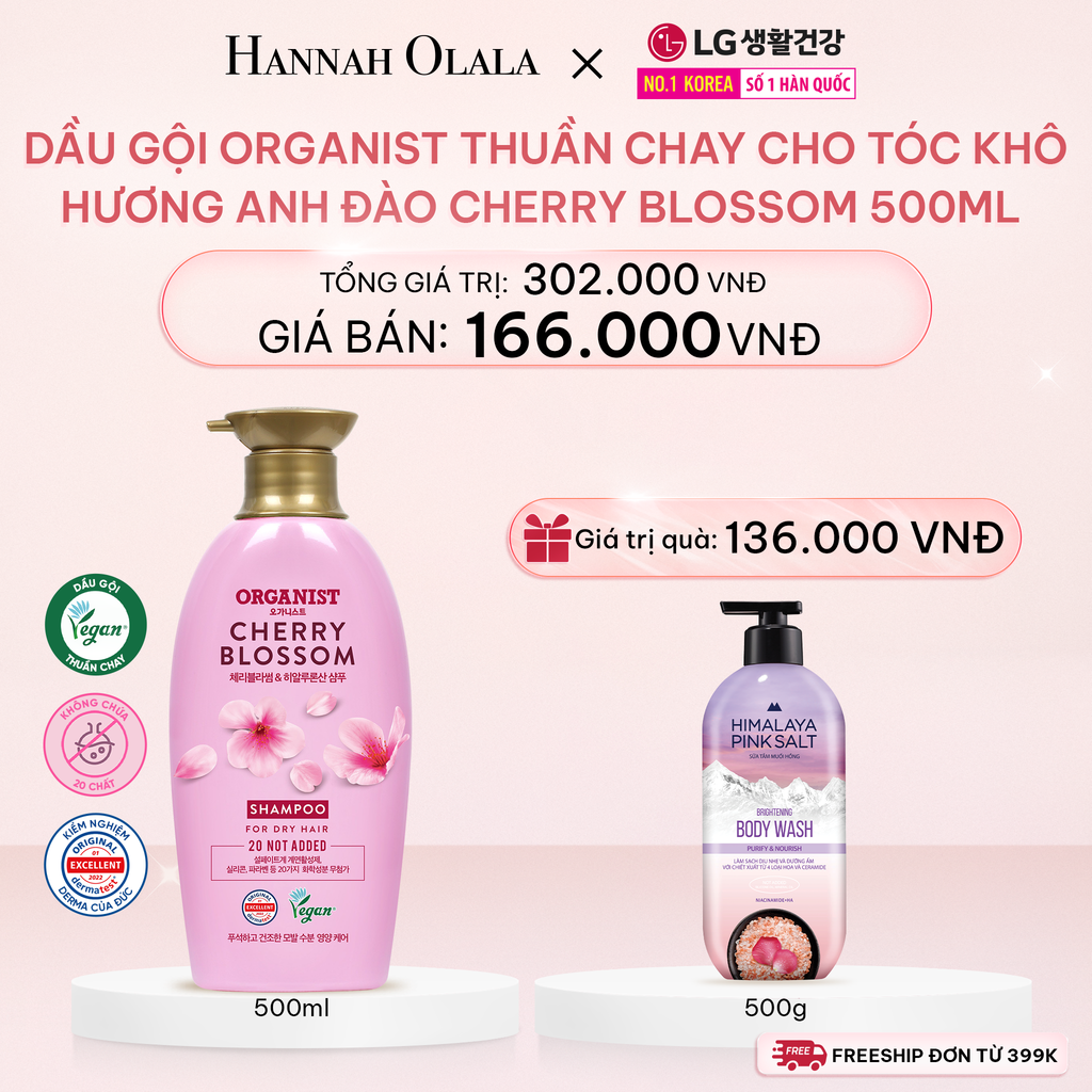  E417_DEAL 10: DẦU GỘI DƯỠNG TÓC ORGANIST THUẦN CHAY CHO TÓC KHÔ HƯƠNG HOA ANH ĐÀO CHERRY BLOSSOM 550ML 