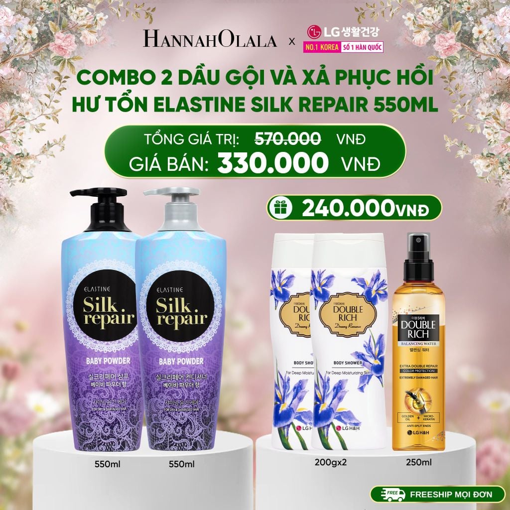  DEAL 13: COMBO 2 DẦU GỘI VÀ XẢ PHỤC HỒI HƯ TỔN ELASTINE SILK REPAIR 550ML 
