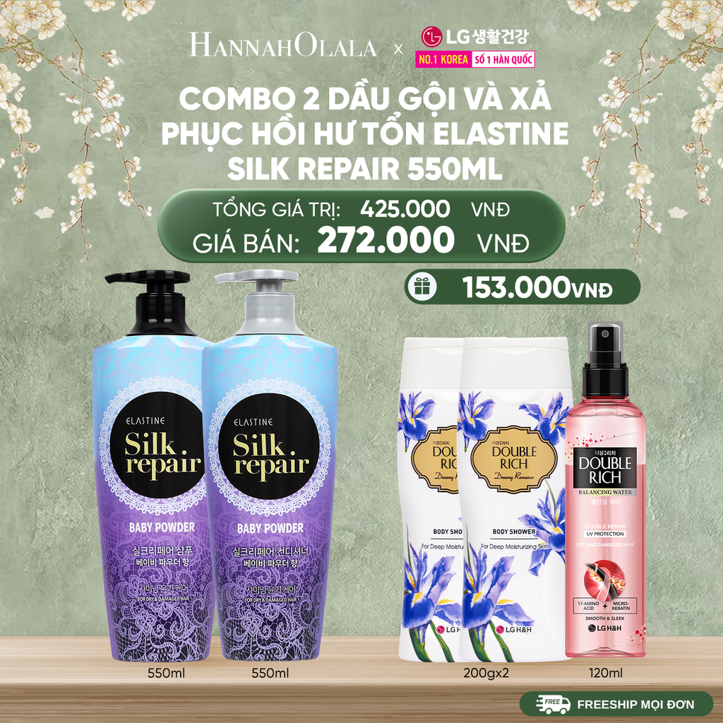  DEAL38: COMBO 2 DẦU GỘI VÀ XẢ PHỤC HỒI HƯ TỔN ELASTINE SILK REPAIR 550ML 