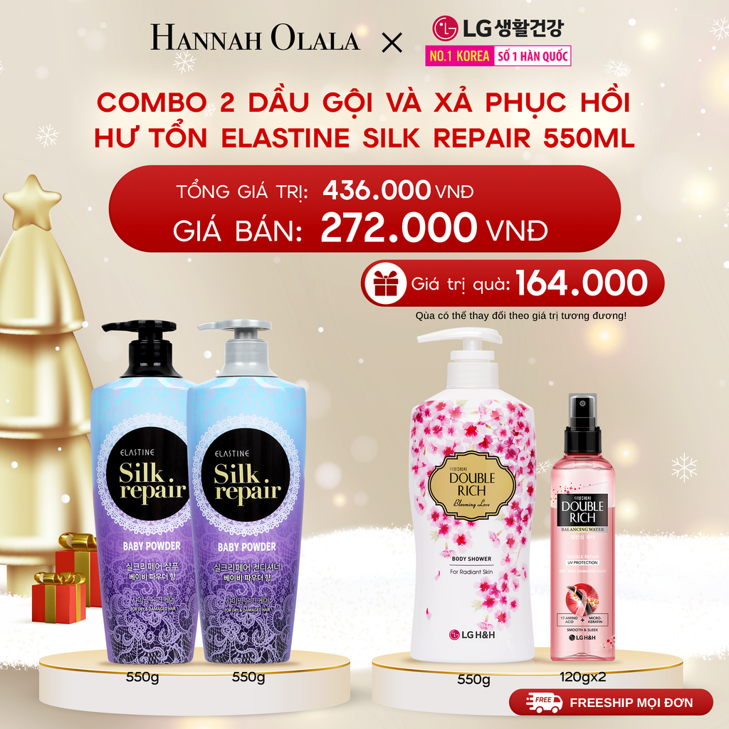  DEAL15: COMBO 2 DẦU GỘI VÀ XẢ PHỤC HỒI HƯ TỔN ELASTINE SILK REPAIR 550ML 