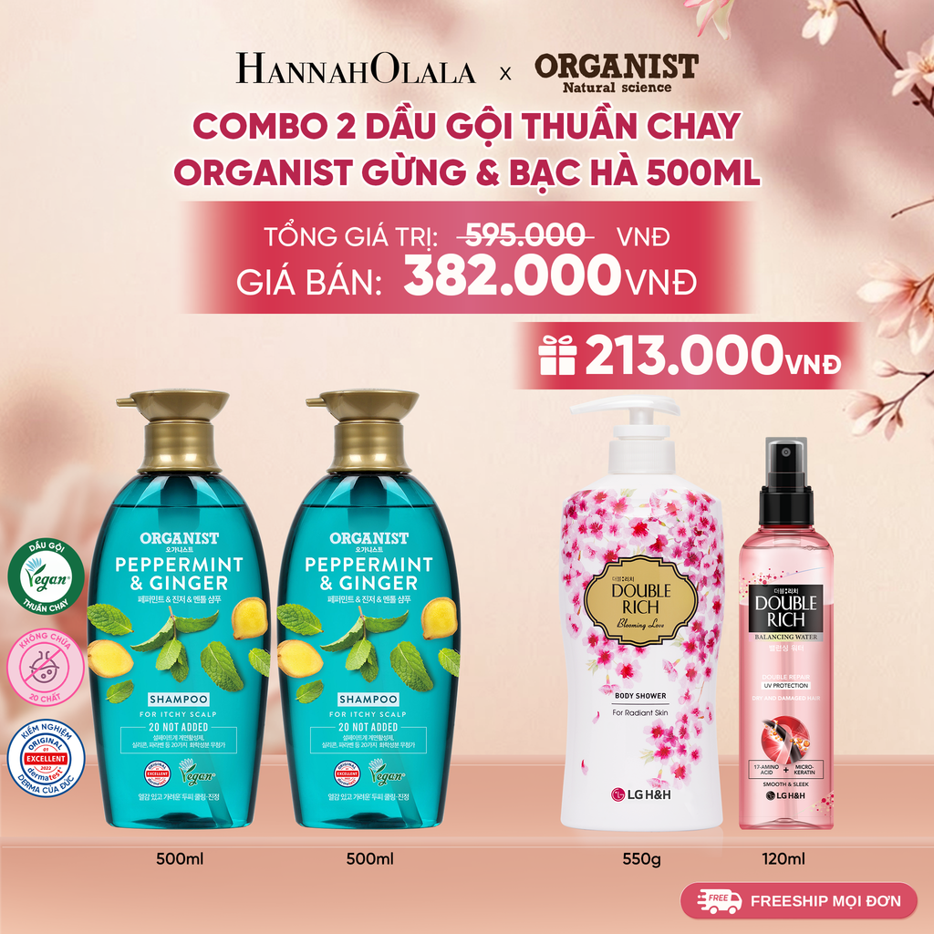  COMBO 2 DẦU GỘI THUẦN CHAY ORGANIST GỪNG & BẠC HÀ 550ML 