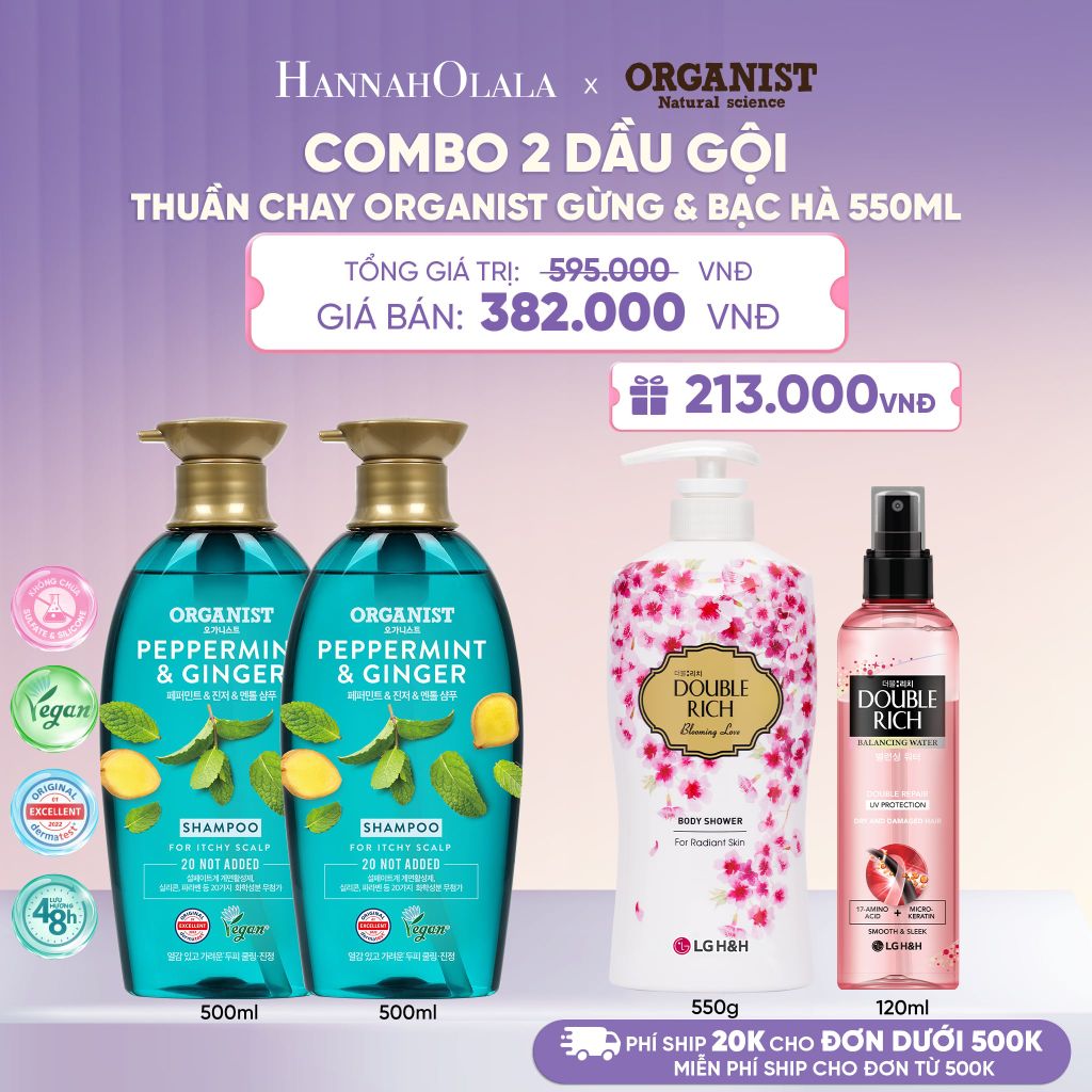  COMBO 2 DẦU GỘI THUẦN CHAY ORGANIST GỪNG & BẠC HÀ 550ML - L102 