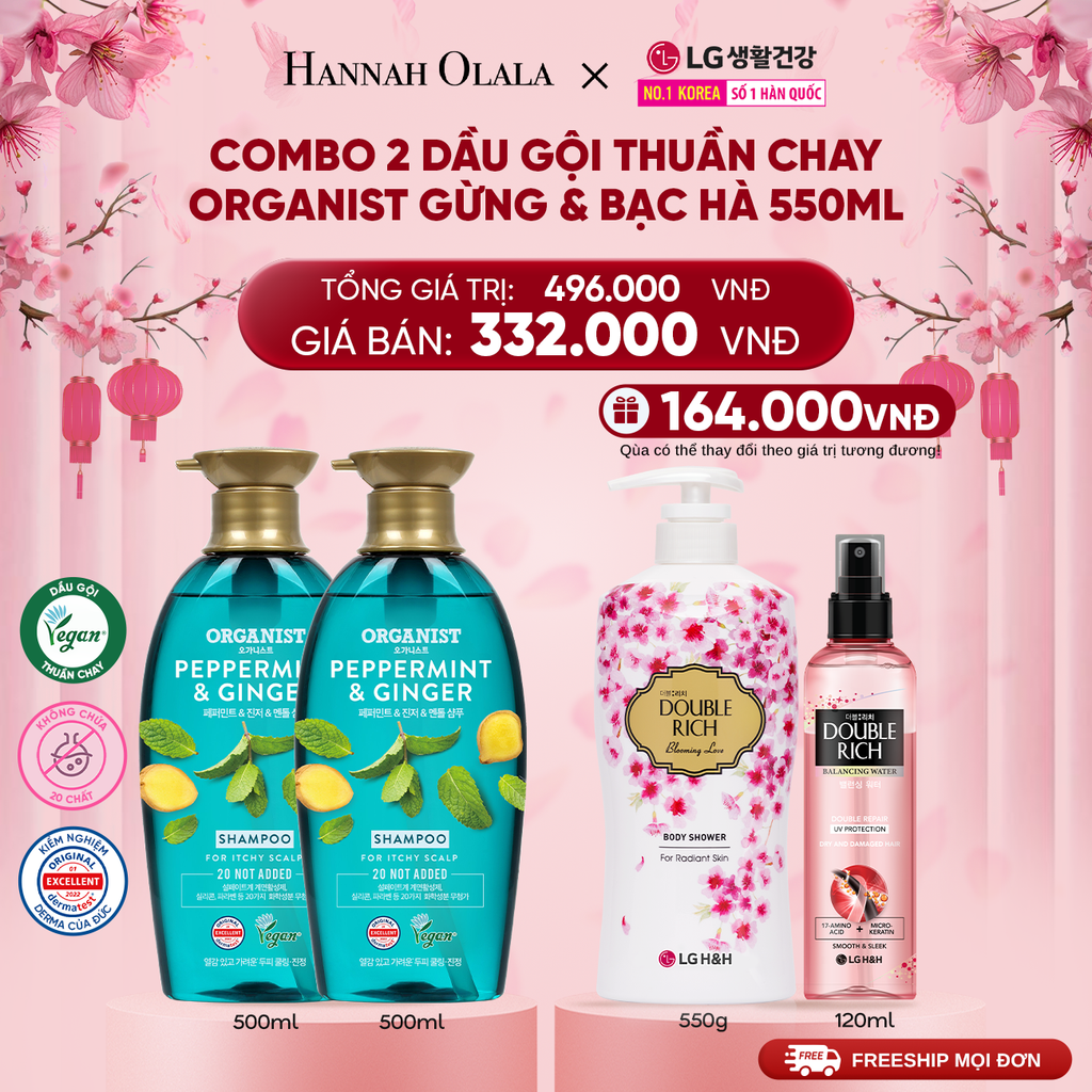  DEAL 38: COMBO 2 DẦU GỘI THUẦN CHAY ORGANIST GỪNG & BẠC HÀ 550ML 