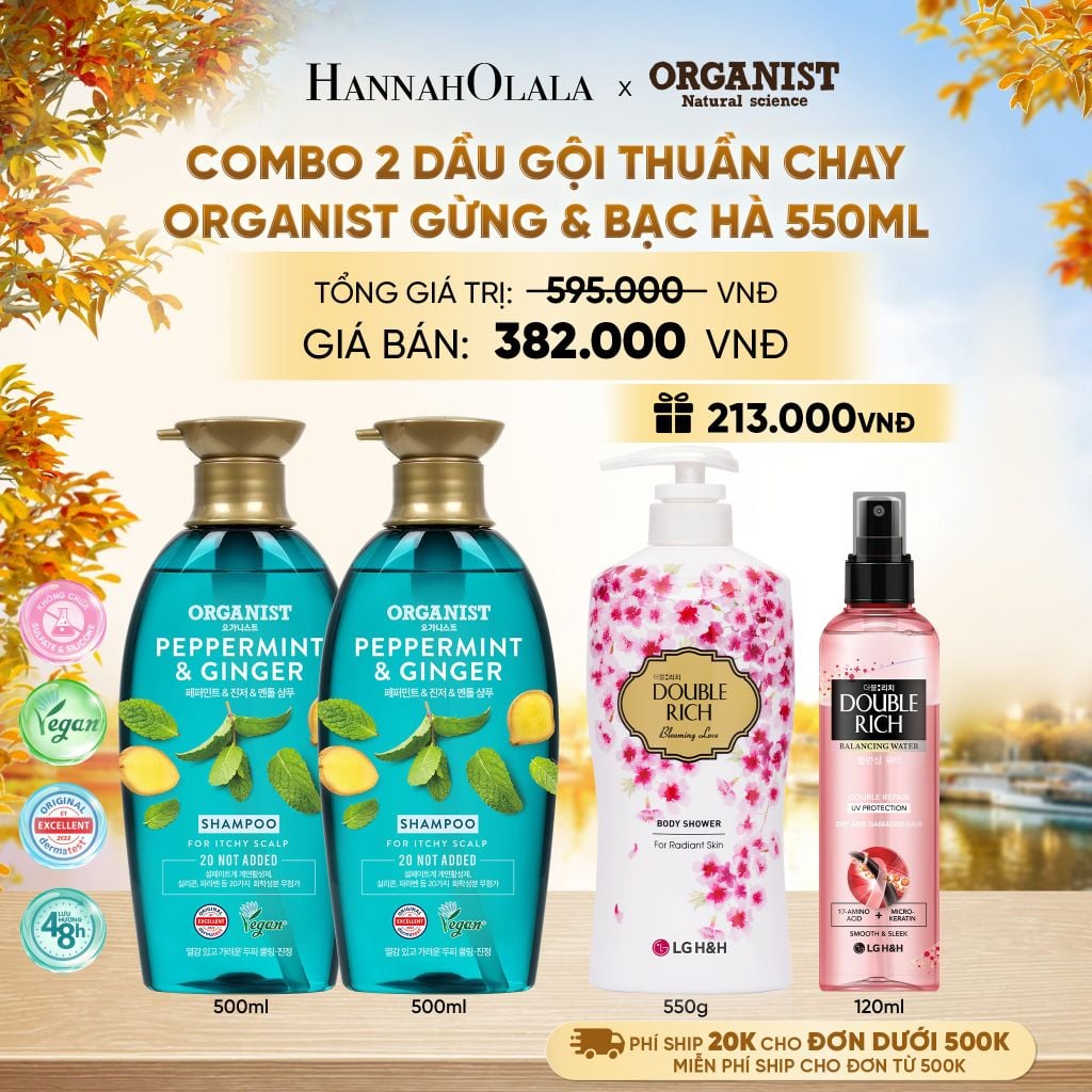  COMBO 2 DẦU GỘI THUẦN CHAY ORGANIST GỪNG & BẠC HÀ 550ML - E1190 