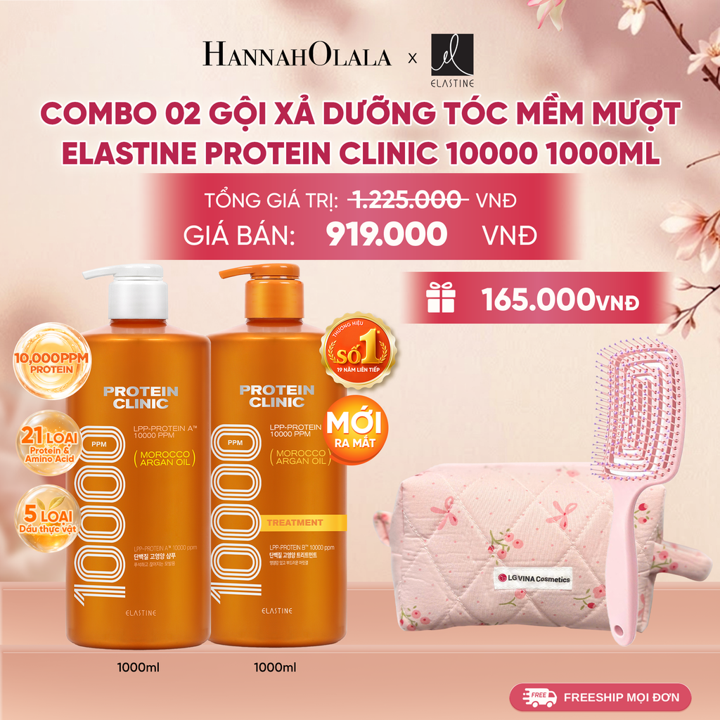  [MỚI RA MẮT] COMBO GỘI XẢ DƯỠNG TÓC MỀM MƯỢT ELASTINE PROTEIN CLINIC 10000 1000ML 