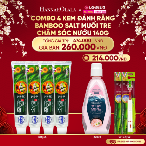  DEAL46: COMBO 4 KEM ĐÁNH RĂNG BAMBOO SALT MUỐI TRE CHĂM SÓC NƯỚU 140G/TUÝP 