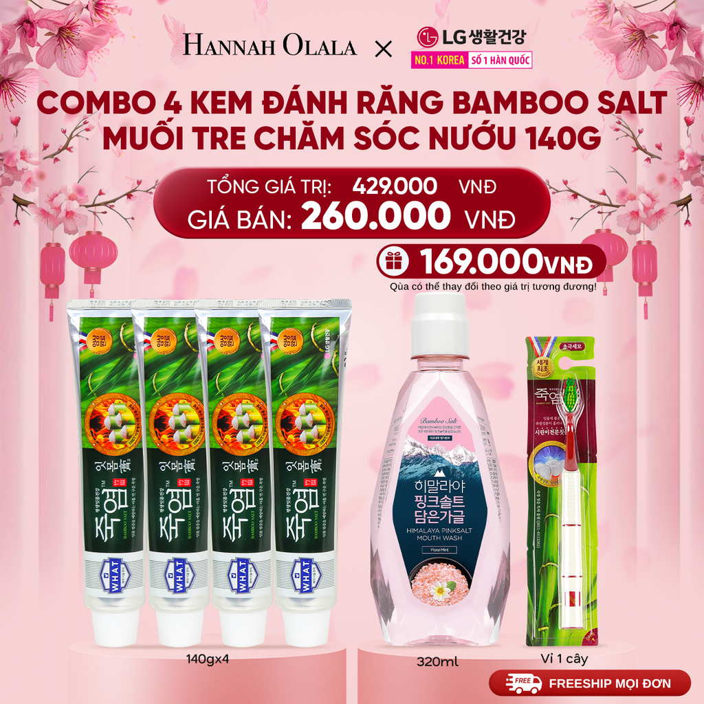  DEAL45: COMBO 4 KEM ĐÁNH RĂNG BAMBOO SALT MUỐI TRE CHĂM SÓC NƯỚU 140G/TUÝP 