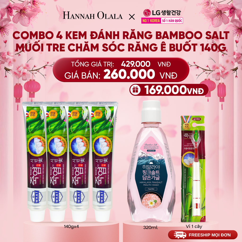  A842_DEAL44: COMBO 4 KEM ĐÁNH RĂNG BAMBOO SALT MUỐI TRE CHĂM SÓC RĂNG Ê BUỐT 140G/TUÝP 