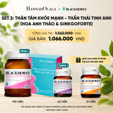  BLACKMORES SET QUÀ TẶNG 3: THÂM TÂM KHOẺ MẠNH - THẦN THÁI TINH ANH (HOA ANH THẢO & GINKGOFORTE) 
