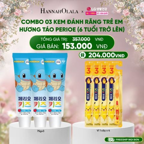  DEAL 36: COMBO 03 KEM ĐÁNH RĂNG TRẺ EM HƯƠNG TÁO PERIOE KIDS STEP 3 (6 TUỔI TRỞ LÊN) 